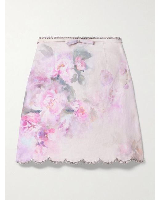 Zimmermann Pink Crush Crystal-Embellished Floral-Print Linen Mini Skirt