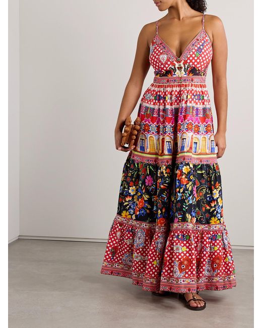 Camilla Tiered Crystal-Embellished Printed Organic Cotton-Poplin Maxi Dress