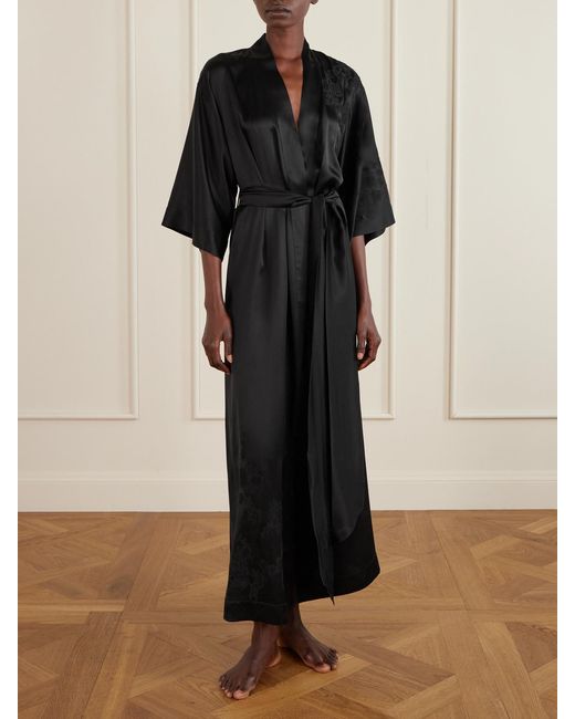 Carine Gilson Black Belted Floral-Embroidered Silk-Satin Kimono