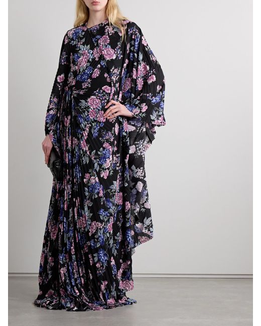 Balenciaga Blue Cape-Effect Floral-Print Plissé-Crepe Gown
