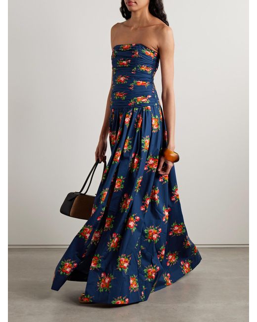 Cara Cara Blue Montreal Strapless Pleated Floral-Print Cotton-Poplin Maxi Dress