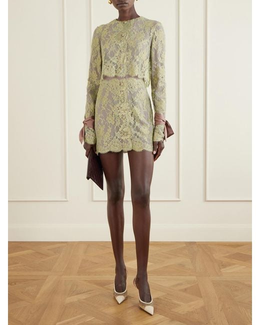 Saint Laurent Natural Scalloped Satin-Trimmed Metallic Lace And Crepe Mini Dress