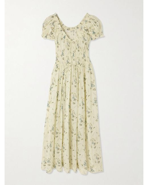 Doen Metallic Ashlynn Tie-Detailed Shirred Floral-Print Organic Cotton-Voile Midi Dress