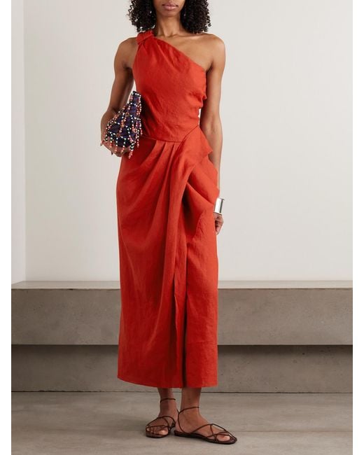 Johanna Ortiz Red Salsero One-Shoulder Knotted Ruffled Draped Linen Midi Dress