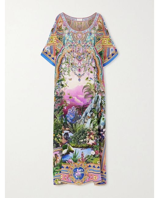 Camilla White Crystal-Embellished Printed Silk Crepe De Chine Kaftan