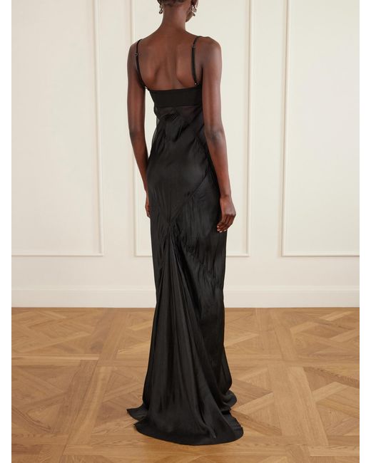 Rick Owens Black Tulle-Paneled Satin Maxi Dress