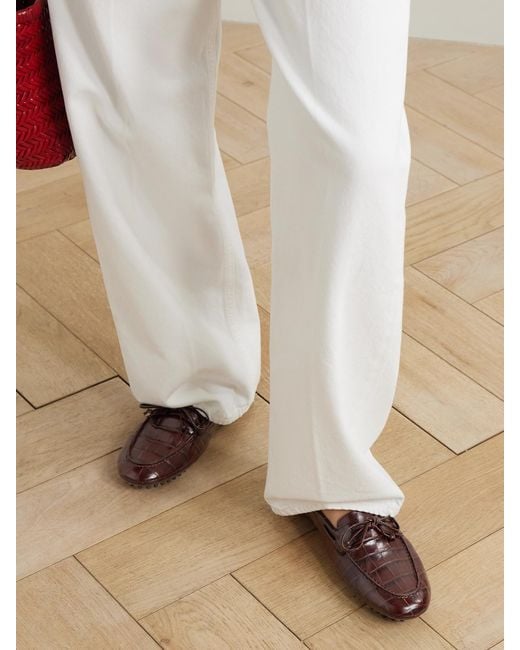 Le Monde Beryl Brown Driver Tie-Detailed Croc-Effect Leather Loafers