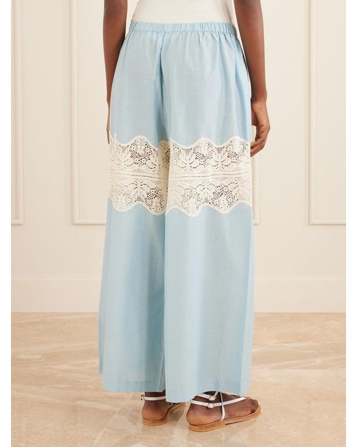 Alix Of Bohemia Blue Margie Sky Lace-Trimmed Cotton And Silk-Blend Wide Leg Pants