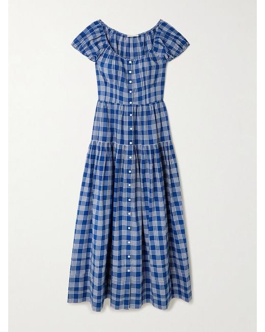 Doen Blue Valenne Tiered Checked Organic Cotton Midi Dress