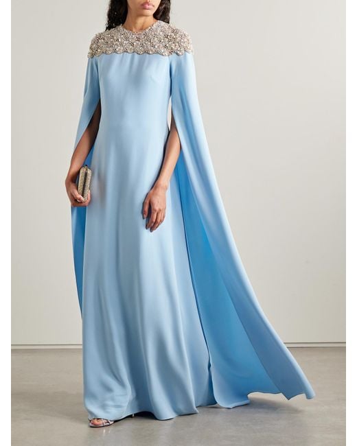 Oscar de la Renta Blue Cape-Effect Embellished Tulle-Trimmed Silk-Blend Georgette Gown