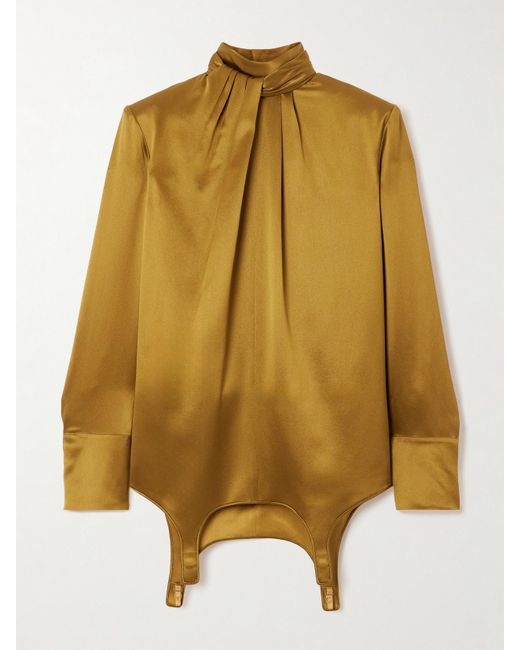 Saint Laurent Yellow Twisted Silk-Satin Turtleneck Mini Dress