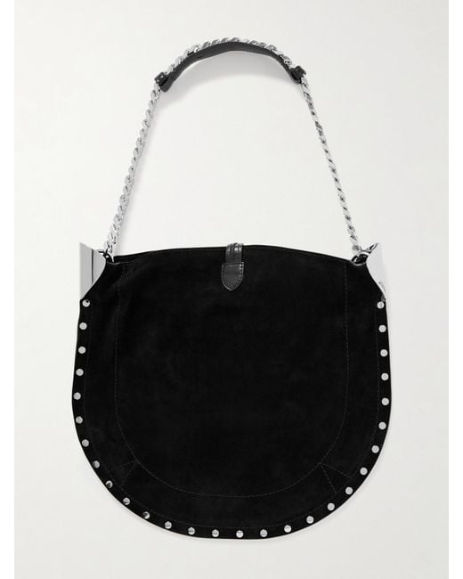 Isabel Marant Black Oskan Leather-Trimmed Tasseled Studded Suede Shoulder Bag