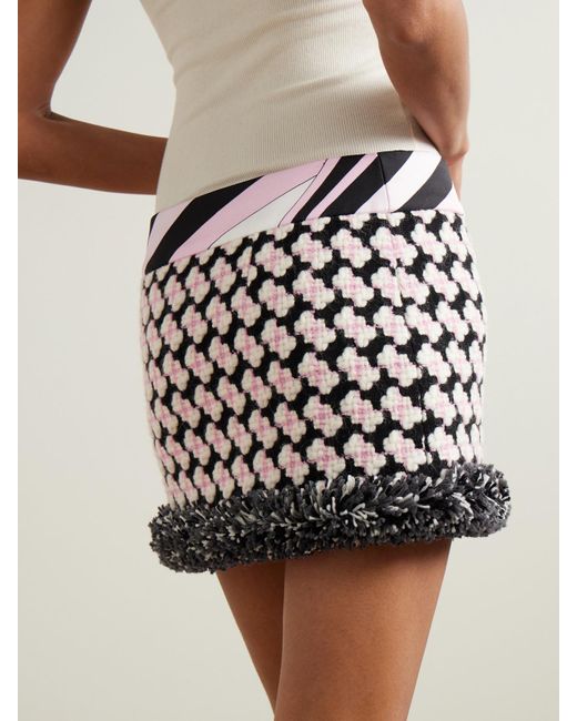 Emilio Pucci Black Printed Fringed Crepe-Trimmed Wool-Blend Tweed Mini Skirt