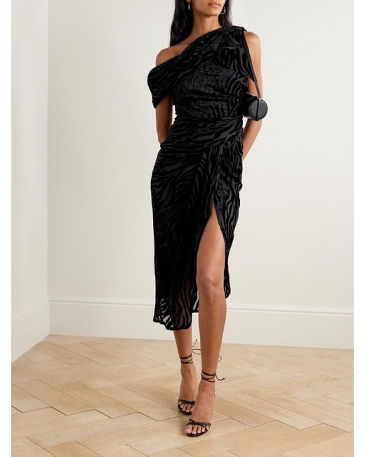 Isabel Marant Black Cyane Asymmetric Gathered Devoré-Velvet Dress
