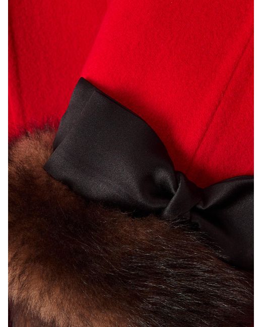 Valentino Garavani Red Bow-Detailed- Shearling-Trimmed Cashmere Coat