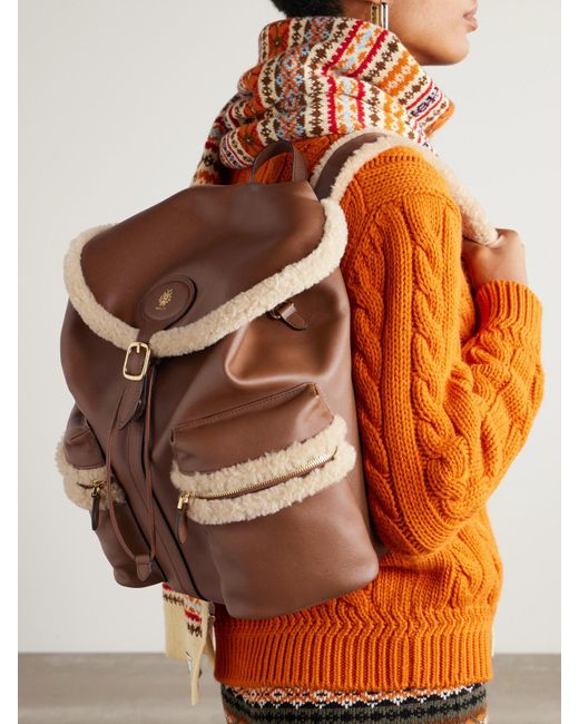Bally Brown Shearling-Trimmed Leather Backpack