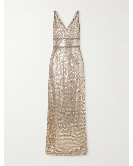 Jenny Packham Natural Odina Crystal-Embellished Sequin Tulle Gown