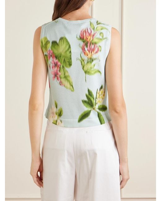 Oscar de la Renta Green Floral-Print Cotton-Blend Knitted Tank