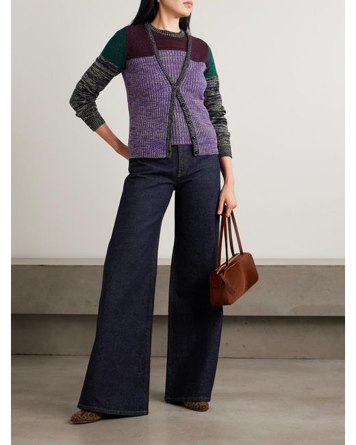 Valentino Garavani Purple Color-Block Metallic Ribbed Wool-Blend Cardigan