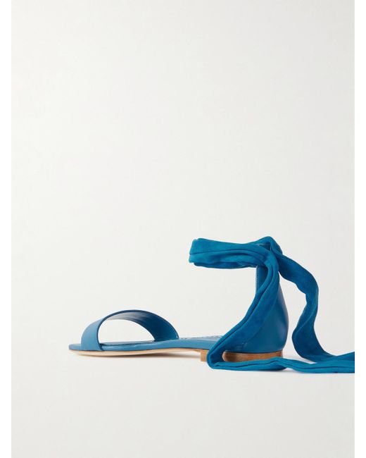Manolo Blahnik Blue Chastanaflat Lace-Up Suede And Leather Sandals