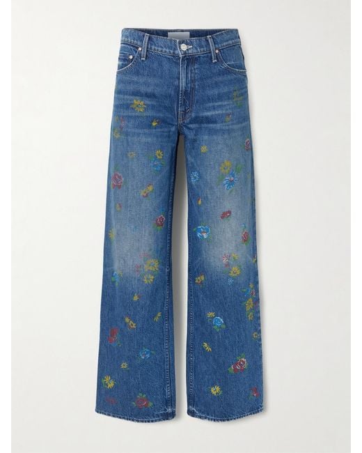Mother Blue The Rerun Zip Sneak Floral-Print High-Rise Wide-Leg Jeans