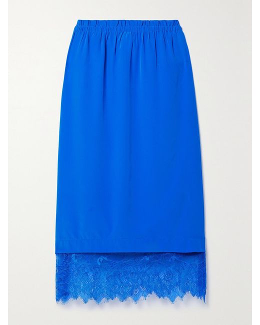 Sea Blue Lorraine Lace-Trimmed Silk Crepe De Chine Midi Skirt