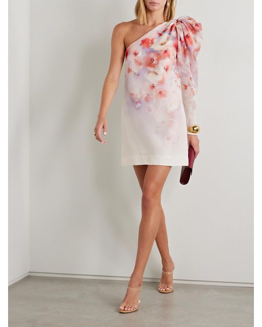 Zimmermann Pink Crush One-Sleeve Floral-Print Linen And Silk-Blend Mini Dress
