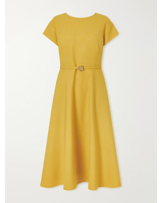 Oscar de la Renta Yellow Belted Wool-Blend Cady Midi Dress
