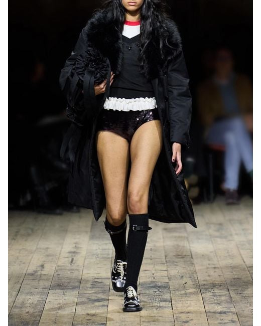 Simone Rocha Black Double-Breasted Plush-Trimmed Shell Coat