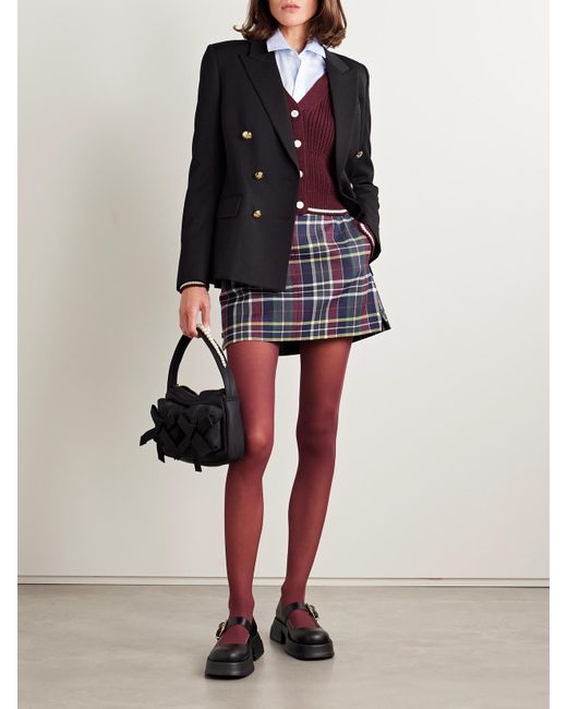Thom Browne Blue Checked Grosgrain-Trimmed Wool-Twill Mini Skirt