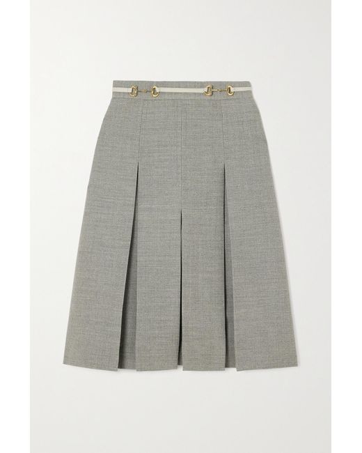 Gucci Horsebitdetailed Leathertrimmed Pleated Wool Skirt in Gray Lyst