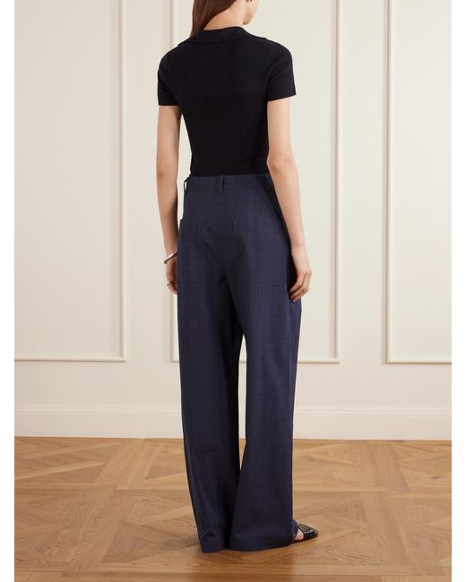 Tibi Blue Stella Pleated Checked Wool And Cotton-Blend Wide-Leg Pants