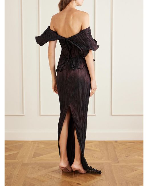 Marmar Halim Black Pleated Off-The-Shoulder Taffeta Gown