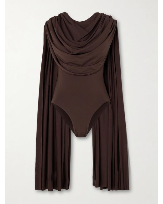 Maygel Coronel Brown Burano Cape-Effect Draped Stretch-Jersey Bodysuit
