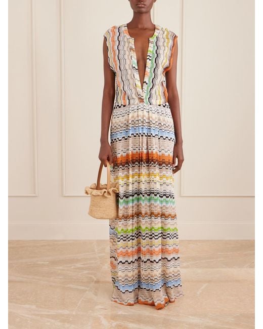 Missoni White Pleated Striped Crochet-Knit Maxi Dress