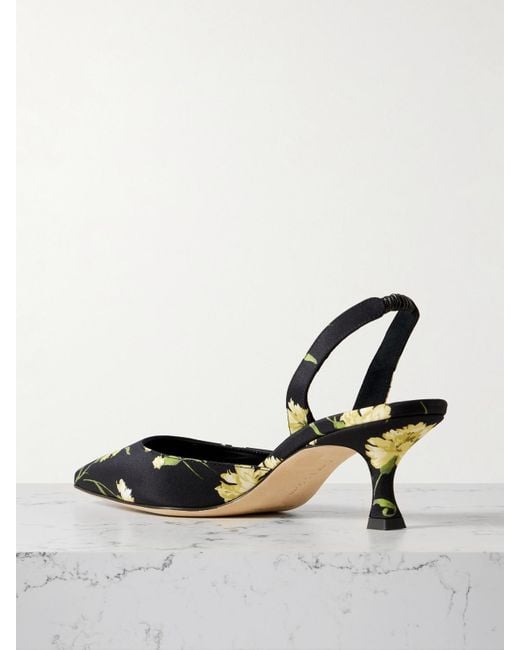 Manolo Blahnik Black Carolyne 50 Floral-Print Satin Slingback Pumps