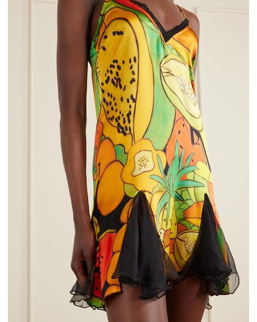 Donde Esteban Yellow Frutas Ruffled Lace-Trimmed Printed Silk-Blend Satin And Chiffon Mini Dress