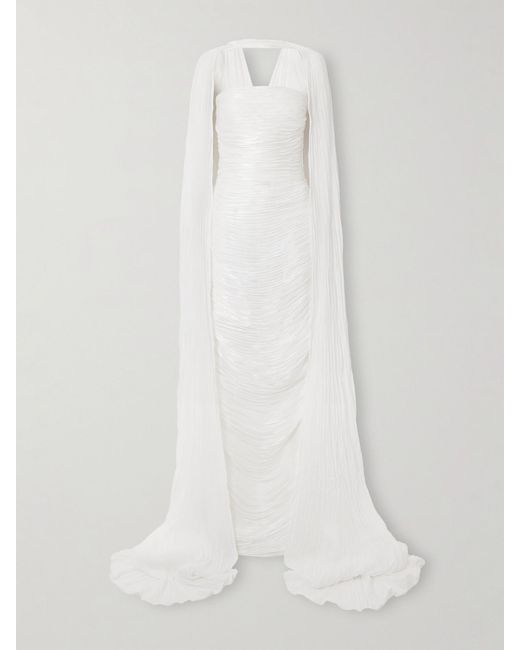 Marmar Halim White Cape-Effect Metallic Plissé-Taffeta Gown