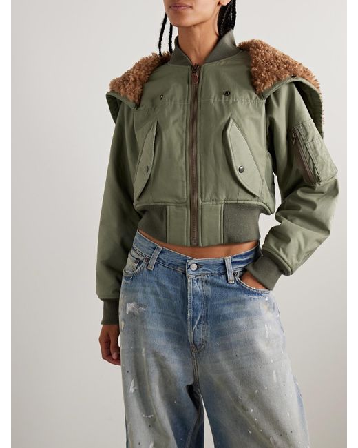 R13 Green Cropped Fleece-Trimmed Padded Cotton-Blend Shell Bomber Jacket
