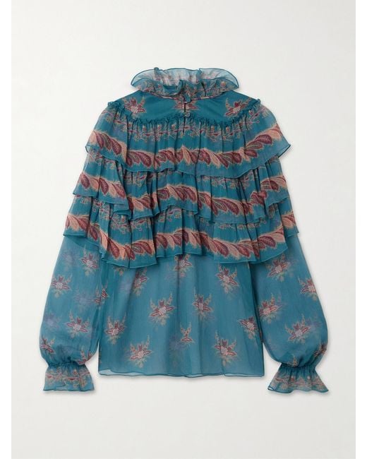 Etro Blue Ruffled Tiered Printed Silk-Chiffon Blouse