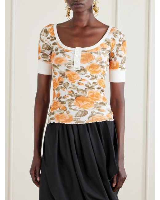 Chloé White Floral-Print Ribbed Stretch-Cotton Jersey T-Shirt