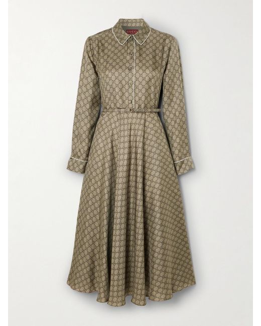 Gucci Natural Midi-Hemdblusenkleid Aus Bedrucktem Seiden-Twill Mit Paspeln Und Gürtel