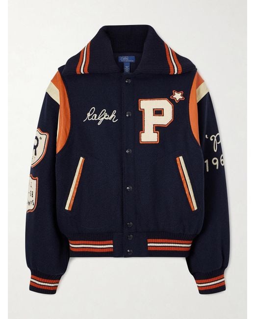 Polo Ralph Lauren Blue Embroidered Appliquéd Leather-Trimmed Wool-Blend Twill Jacket