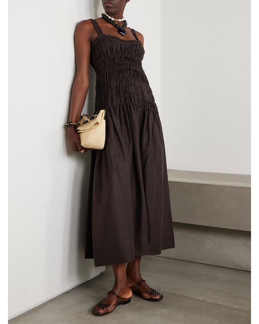 Tory Burch Brown Ruffled Shirred Lyocell-Blend Voile Midi Dress