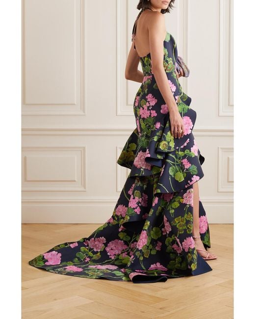 Oscar de la Renta White Ruffled Floral-Print Silk-Faille Halterneck Gown