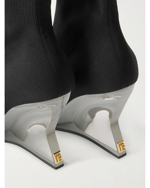 Balmain Black Ribbed Wedge Ankle Boots
