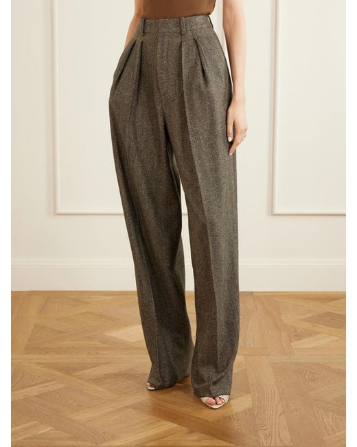 Saint Laurent Natural Pleated Herringbone Wool-Blend Straight-Leg Pants
