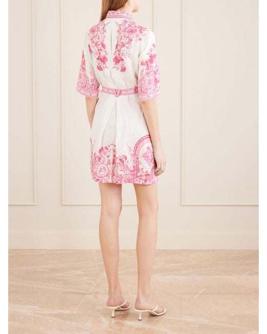 Camilla Pink Floral-Print Embellished Linen Mini Dress