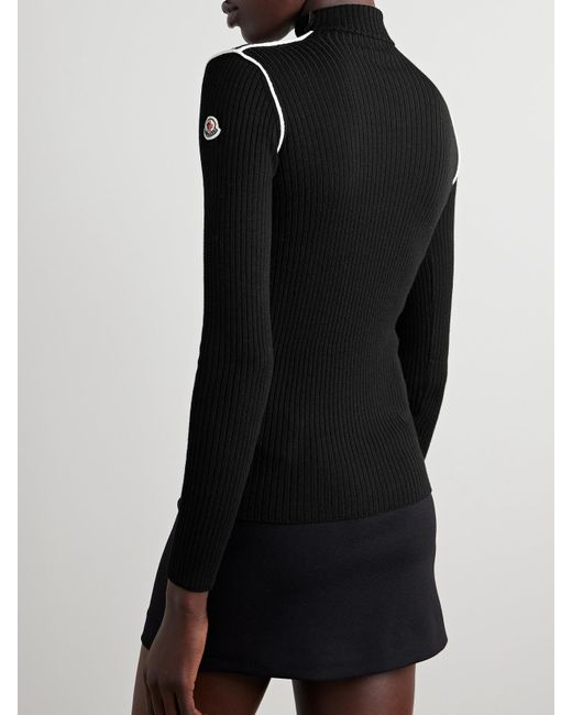Moncler Black Appliqued Ribbed Wool Turtleneck Sweater
