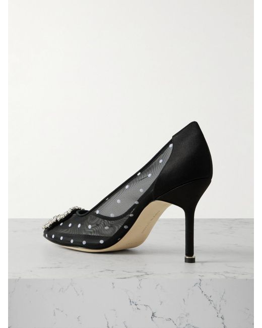 Manolo Blahnik Black Hangisi 90 Pumps Aus Beflocktem Mesh Mit Satinbesätzen Und Kristallen